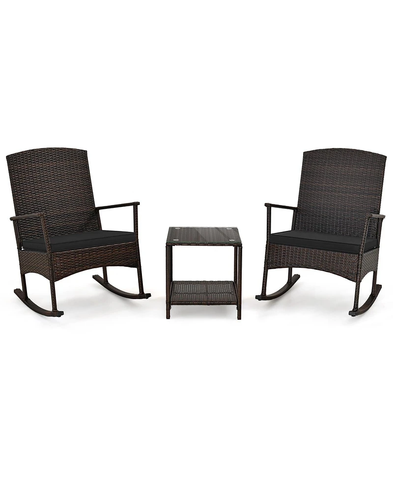 3 Piece Patio Rocking Set Wicker Rocking Chairs with 2-Tier Coffee Table