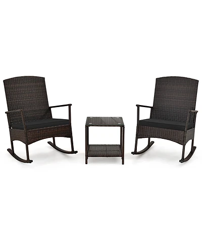 3 Piece Patio Rocking Set Wicker Rocking Chairs with 2-Tier Coffee Table