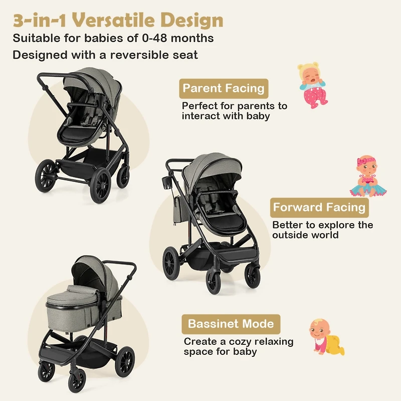Slickblue Toddler 3-in-1 Folding Convertible Newborn Stroller with Detachable Bassinet