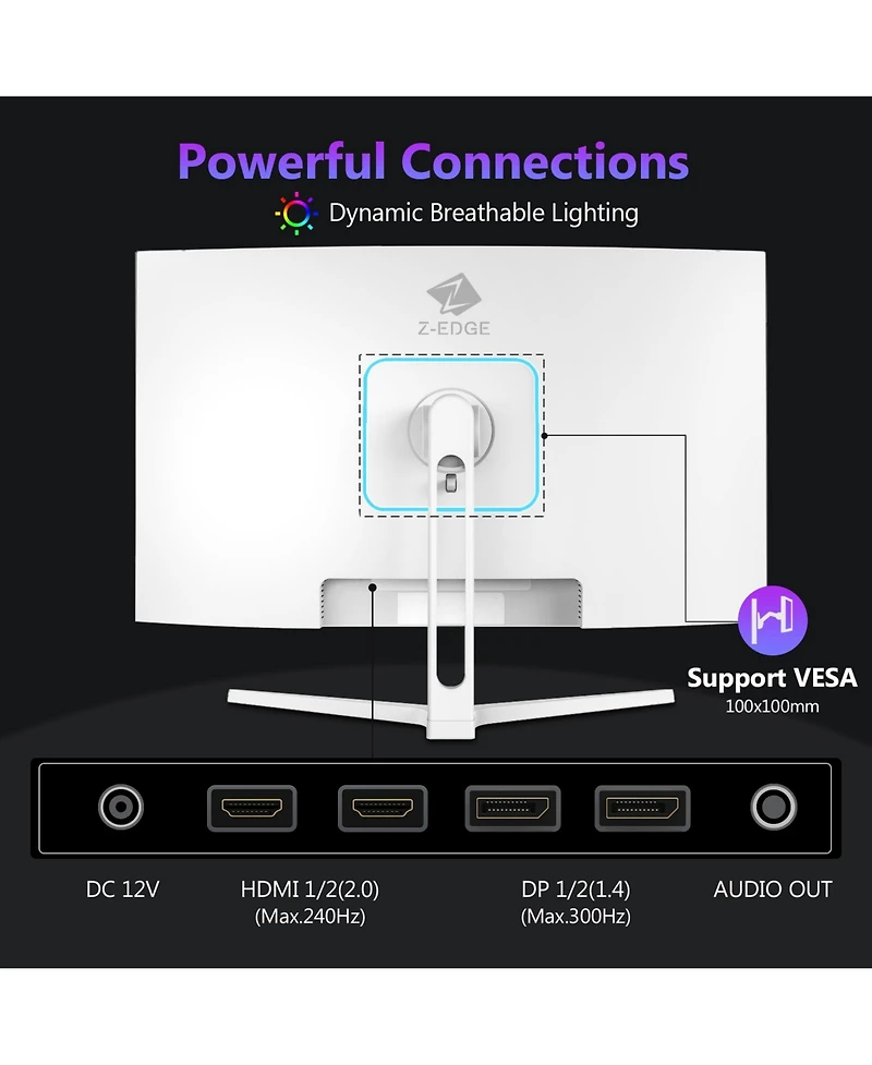 Z-edge UG27H-White 27 inch 1080P Full Hd 1920 x 1080 300 Hz 1 ms Curved Gaming Monitor, 16.7 Million Display Colors, FreeSync, Ultra-Slim Beze