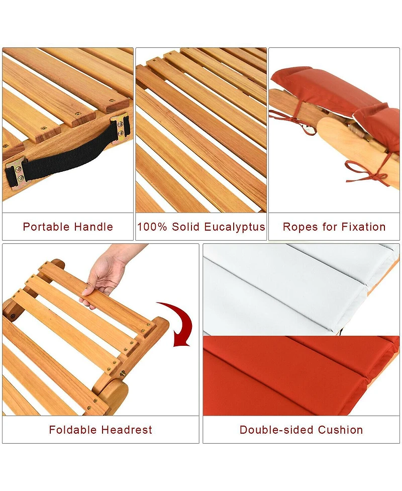 Gymax Outdoor Folding Chaise Eucalyptus Lounge Chair w/ Double-sided Cushion
