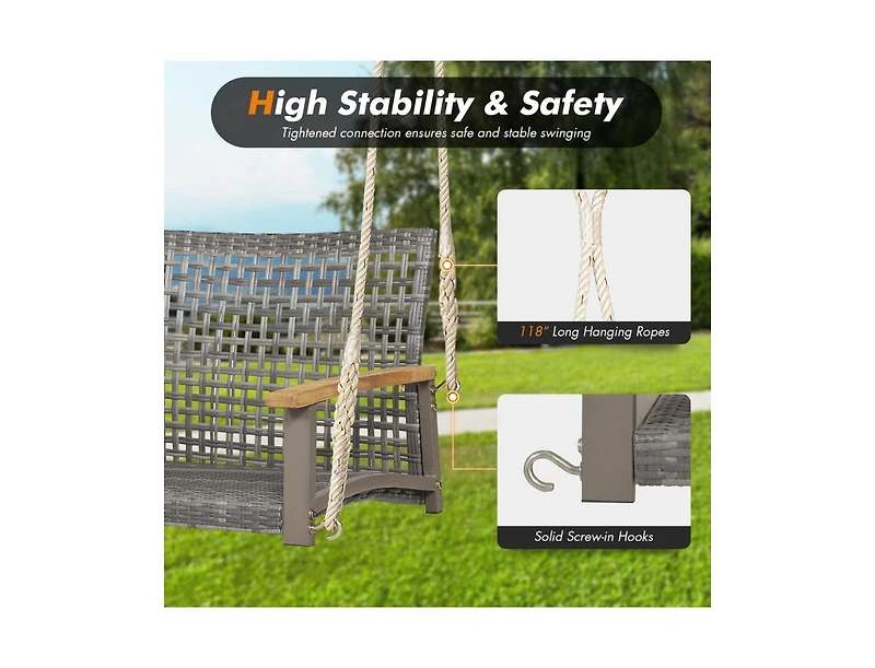 Slickblue 2-Person Patio Wicker Hanging Swing Chair for Porch Balcony or Backyard