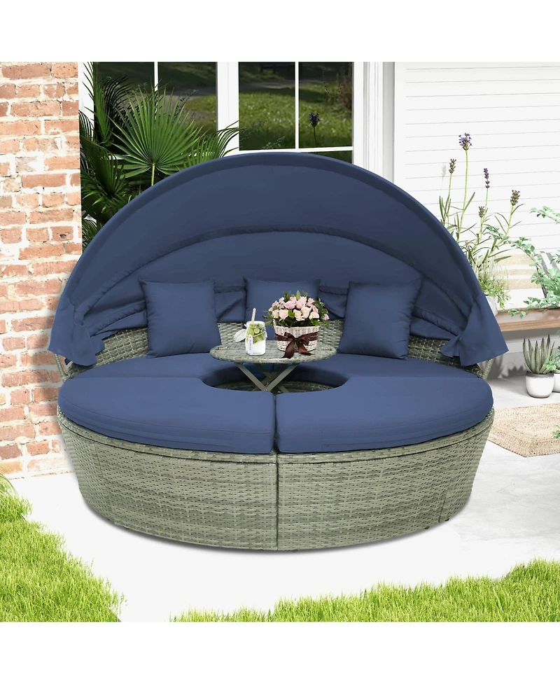 Outdoor Pe Wicker Round Daybed with Retractable Canopy and Cushions