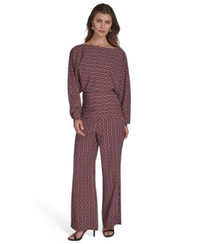 Halston Womens Printed Commuter Dolman Sleeve Top Commuter Printed Wide Leg Pants