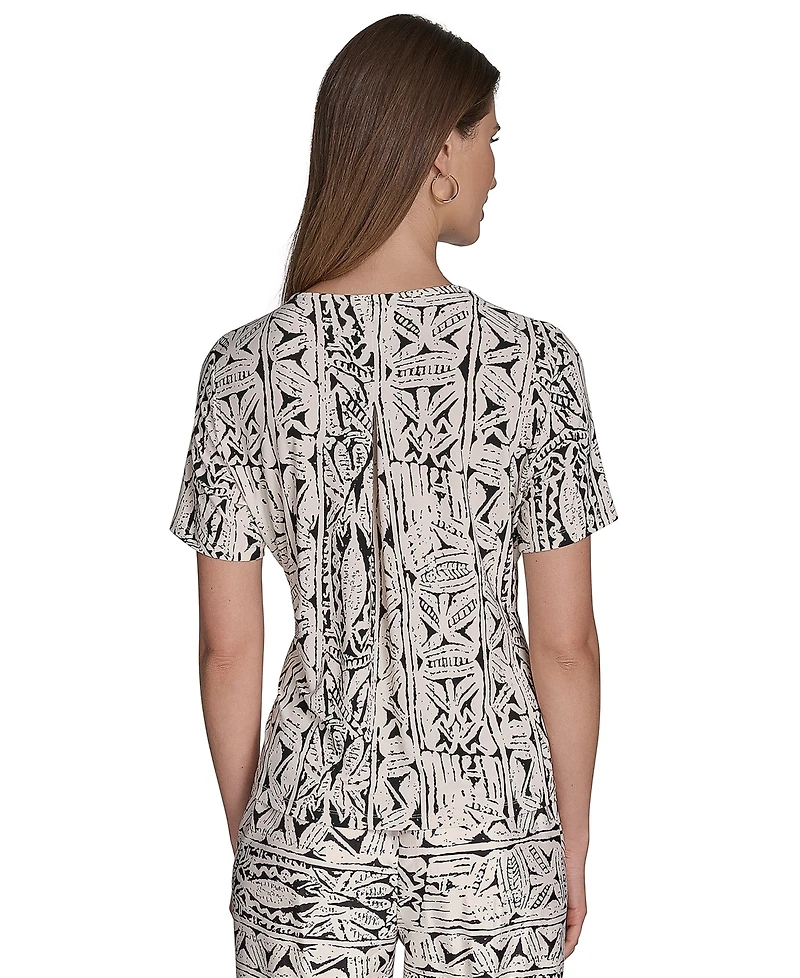 Halston Women's Printed Zipper-Shoulder Crewneck Top