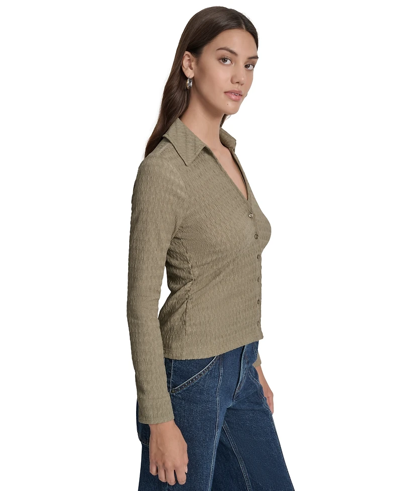 Dkny Jeans Women's Textured Collared Button-Front Top