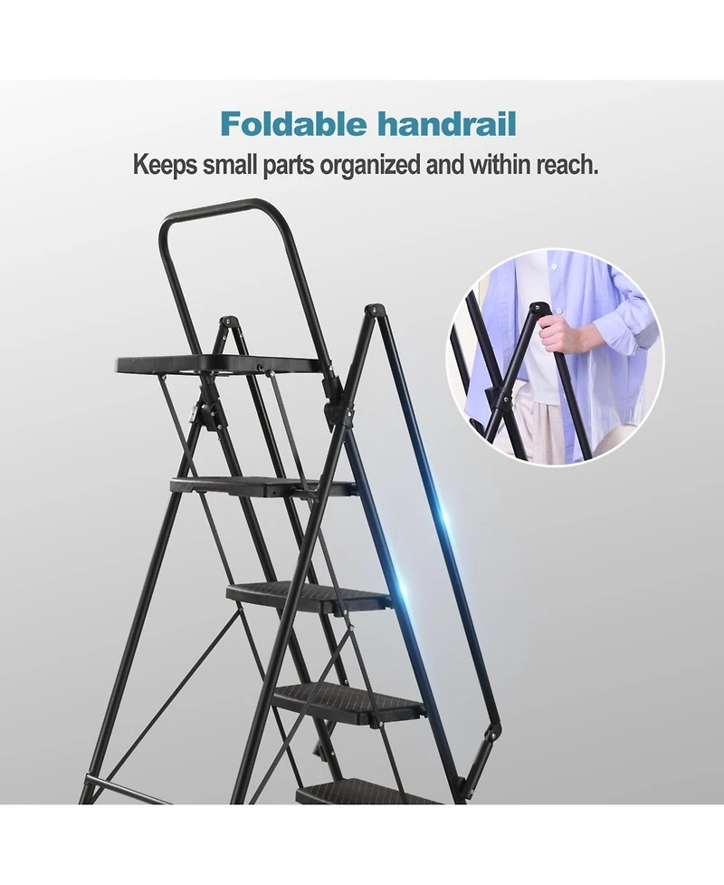 6 Step Folding step stool with bandwidth anti slip pedals and tool trays, lightweight and portable steel step stool