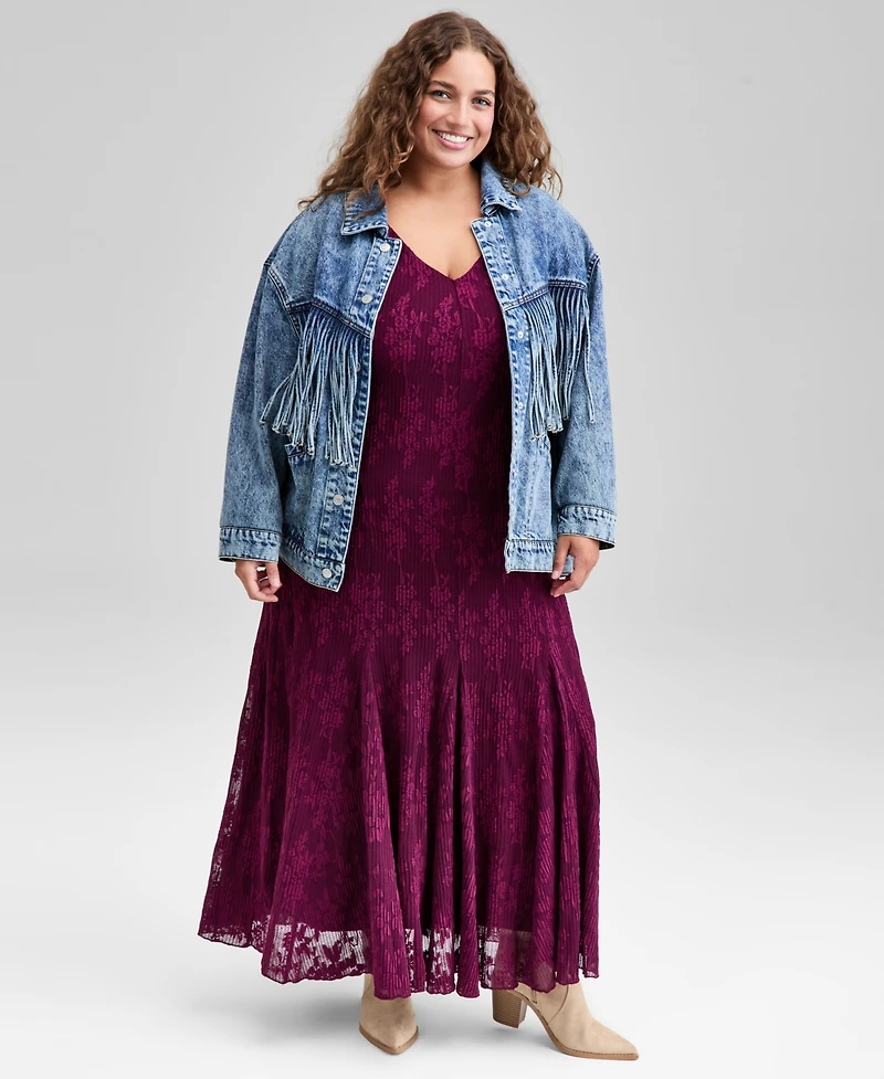 And Now This Trendy Plus Fringe-Trim Cotton Denim Jacket, Macy's Exclusive