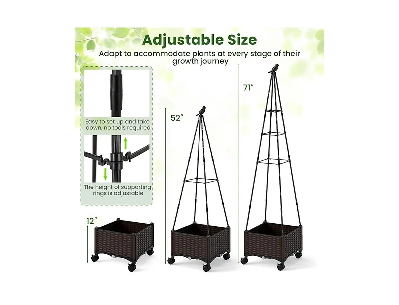 Raised Garden Bed Adjustable with Plant Box and Trellis with Lockable Wheels