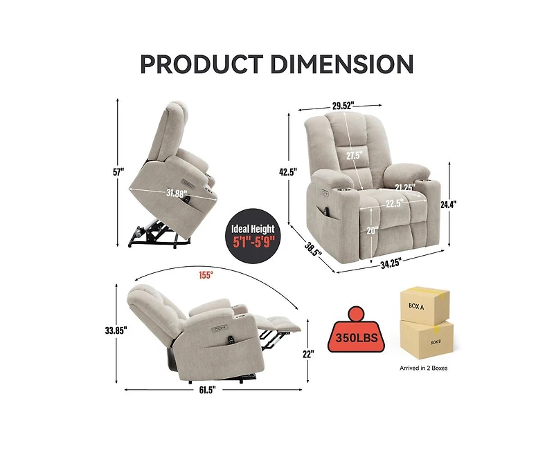 Casainc Power Lift Recliner Chair with Massage Heavy Duty Motion Usb and Type C Ports