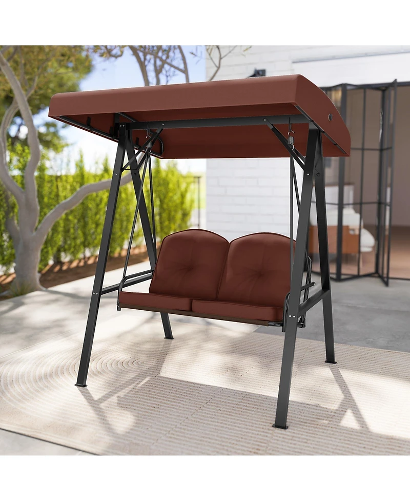 2-Person Outdoor Porch Swing with A-Shaped Metal Stand and Adjustable Canopy
