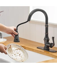 Single-Handle Pull-Down Sprayer 3 Spray High Arc Kitchen Faucet With Deck Plate in Oil Rubbed Bronze