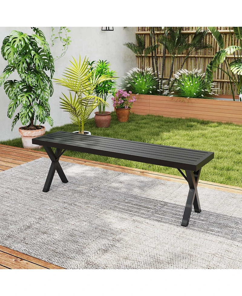 Patio Metal Bench with Slatted Seat and X-Shaped Legs for Outdoor Seating