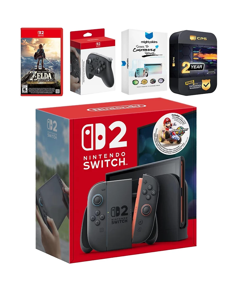 Nintendo Switch 2 + Mario Kart World Bundle with Zelda Breath of the Wild, Pro Controller, MightySkins Code and 2 Cps Year Extended Warranty