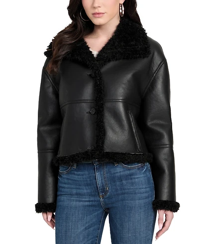 Guess Women's Stand-Collar Faux-Shearling Coat