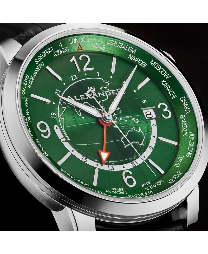 Alexander 7A04 All Swiss Made Gmt Watch with Green Sunray Earth Dial
