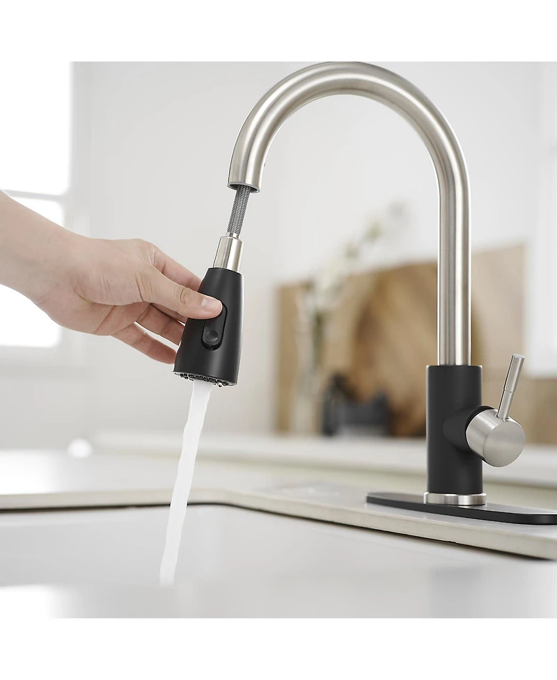 Greenspring Single-Handle Pull-Out Sprayer Kitchen Faucet with Supply Lines Matte Black and Brushed Nickel