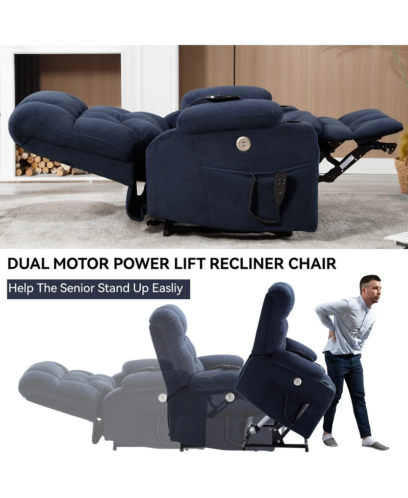 Dual Motor Infinite Position Up to 350 Lbs Chenille Power Lift Recliner Chair, Heavy Duty Motion Mechanism with 8-Point Vibration Massage and Lumbar H
