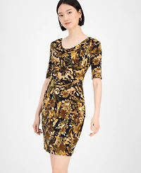 Connected Petite Floral Draped-Neck Elbow-Sleeve Dress