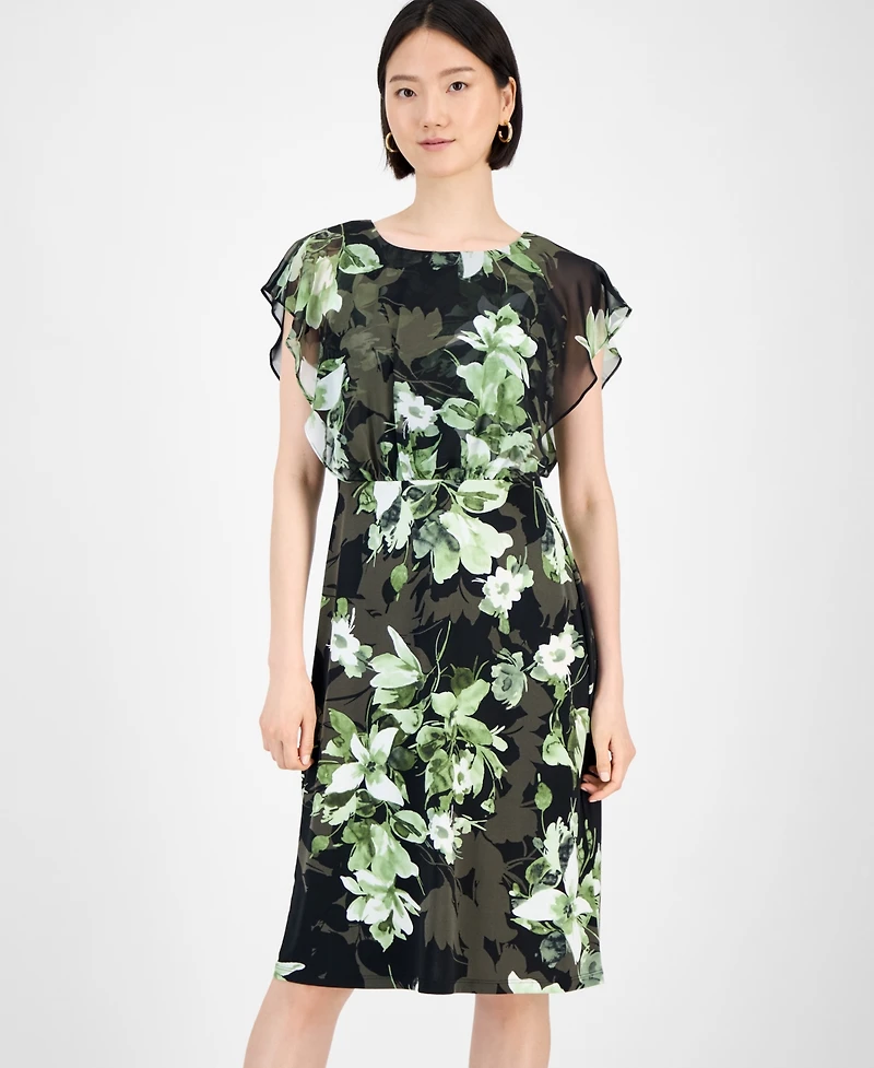 Connected Petite Floral Bodice-Overlay Jersey Dress