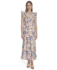 Vince Camuto Women's Cotton Printed V-Neck Ruffled Midi Dress