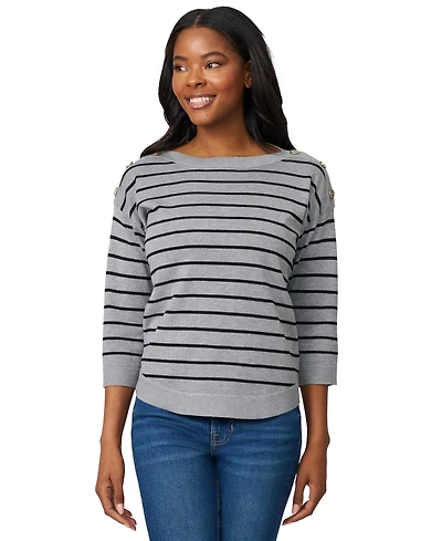 Melissa Paige Women's Striped Button-Shoulder Boatneck 3/4-Sleeve Sweater