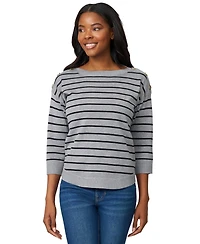 Melissa Paige Women's Striped Button-Shoulder Boatneck 3/4-Sleeve Sweater