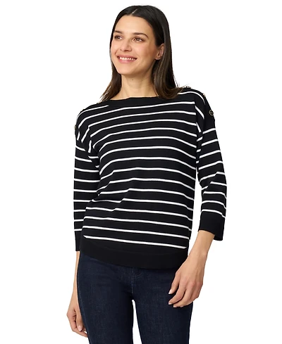 Melissa Paige Women's Striped Button-Shoulder Boatneck 3/4-Sleeve Sweater
