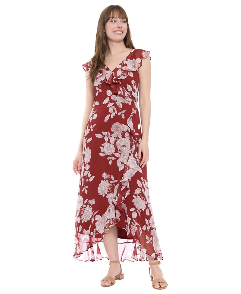 London Times Petite Printed Ruffled-Collar Maxi Dress