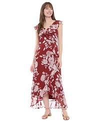 London Times Petite Printed Ruffled-Collar Maxi Dress