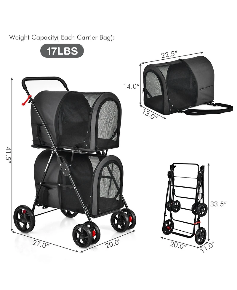 4-in-1 Double Pet Stroller with Detachable Carrier and Travel Carriage