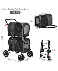 4-in-1 Double Pet Stroller with Detachable Carrier and Travel Carriage
