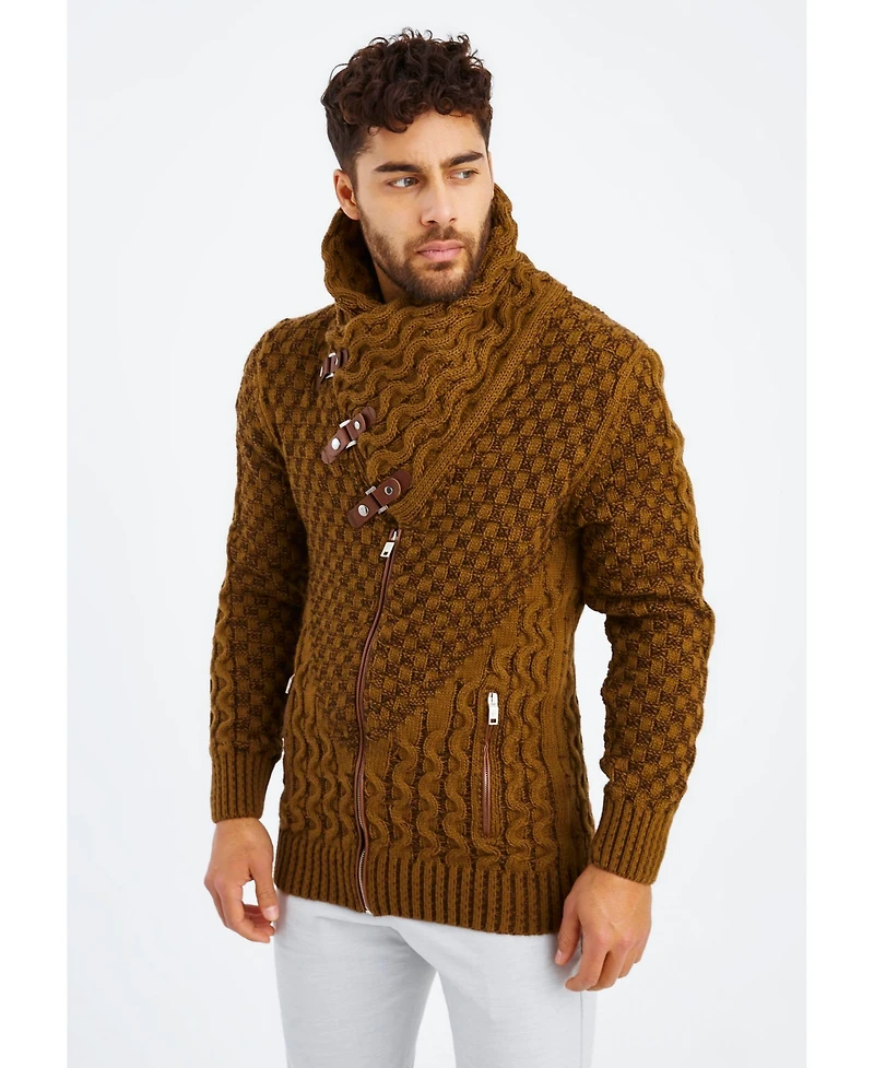 Leif Nelson Men's Knitted Shawl Collar Cardigan with Leather Buckle Detail