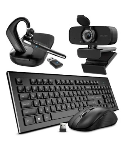 Delton 90x Bluetooth Headset With Usb Dongle 1080p Usb Webcam With Adjustable Mounting Clip Wireless Keyboard Mouse Combo Compatible With Laptop Pc Tablets Smartphone Black