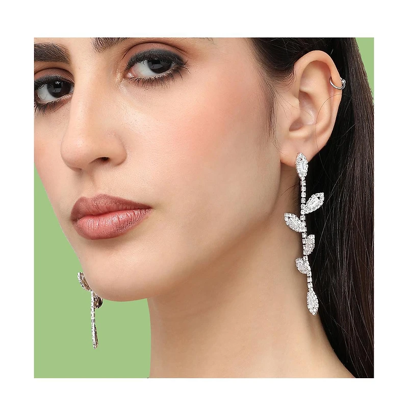 Sohi Women's Silver Embellished Foliage Drop Earrings