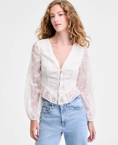 Guess Women's Seiah Embroidered Blouson-Sleeve Blouse
