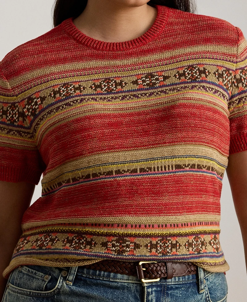 Lauren Ralph Plus Geo-Striped Short-Sleeve Sweater