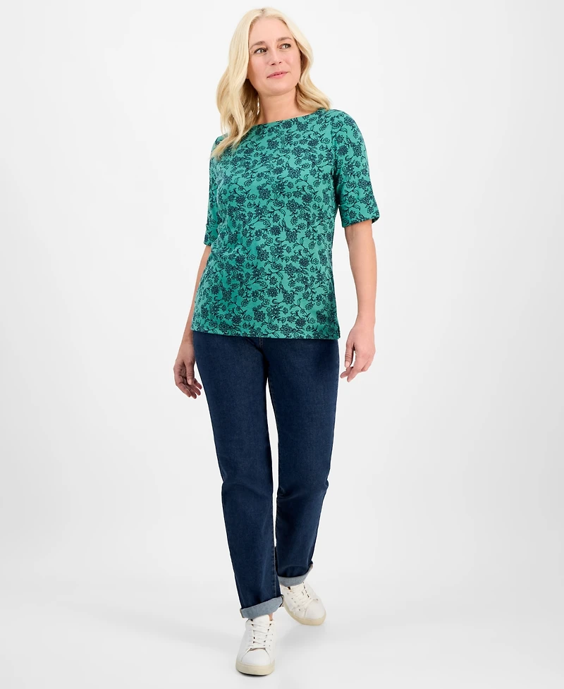 Style & Co Petite Floral Chintz Boat-Neck Elbow-Sleeve Top, Macy's Exclusive
