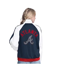 G-iii Sports by Carl Banks Women's White/Navy Atlanta Braves Rally Rhinestone Raglan Full-Zip Track Jacket