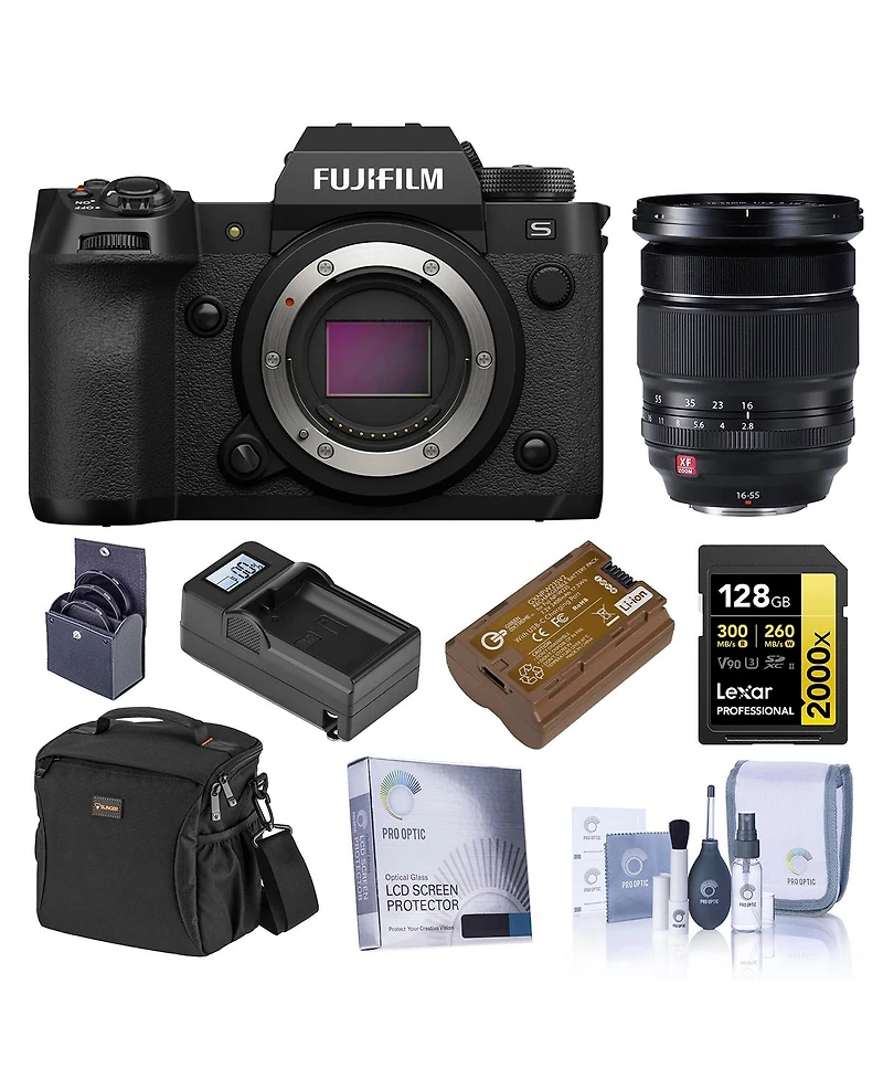 Fujifilm X-H2S Mirrorless Camera with Xf 16-55mm f/2.8 R Lm Wr Lens, Black, Bundle with 128GB Memory Card, Shoulder Bag, Extra Battery, Charger, Scree