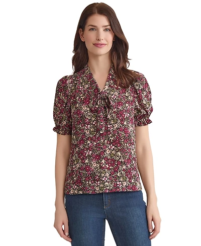 Jones New York Petite Floral Tie-Neck Puff-Sleeve Top