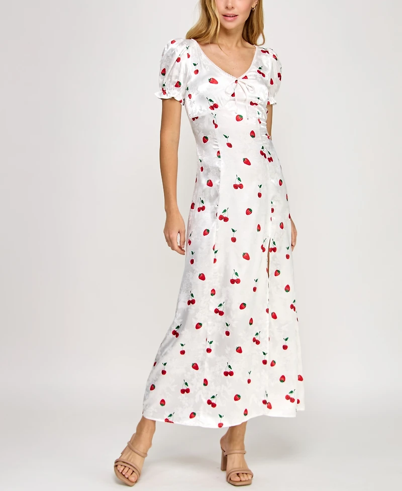 Crystal Doll Juniors' Printed Satin Puff-Sleeve Midi Dress