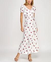 Crystal Doll Juniors' Printed Satin Puff-Sleeve Midi Dress