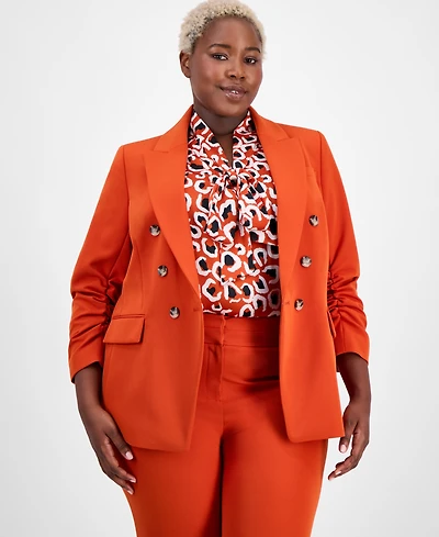Tahari Asl Plus Double-Breasted Ruched-Sleeve Jacket