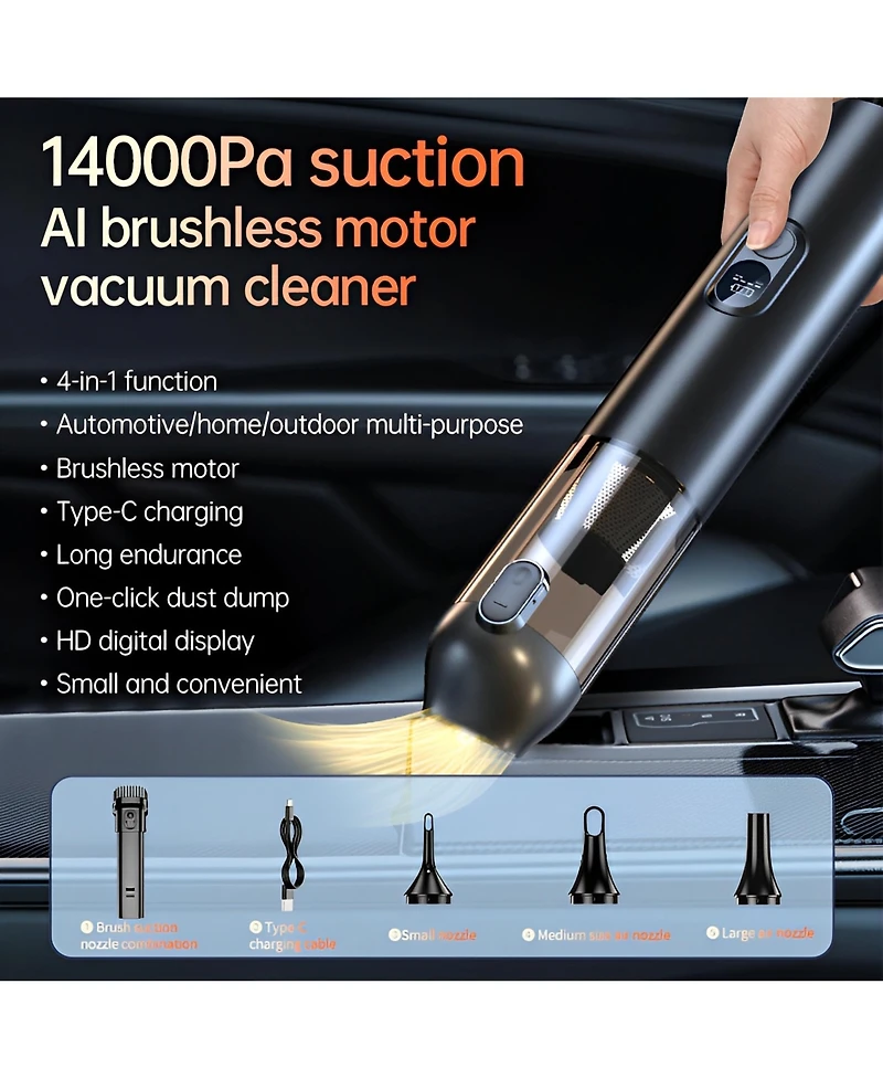 14KPA 4-in-1 Mini Cordless Vacuum Cleaner Portable Ai Handheld Vacuum with Type-c Charge for Car and House
