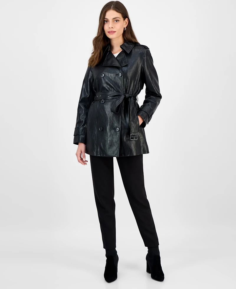 Bcbgmaxazria Women's Double-Breasted Faux-Leather Belted Trench Coat