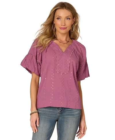 Democracy Petite Cotton Embroidered Bubble-Sleeve Top