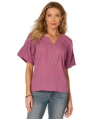 Democracy Petite Cotton Embroidered Bubble-Sleeve Top