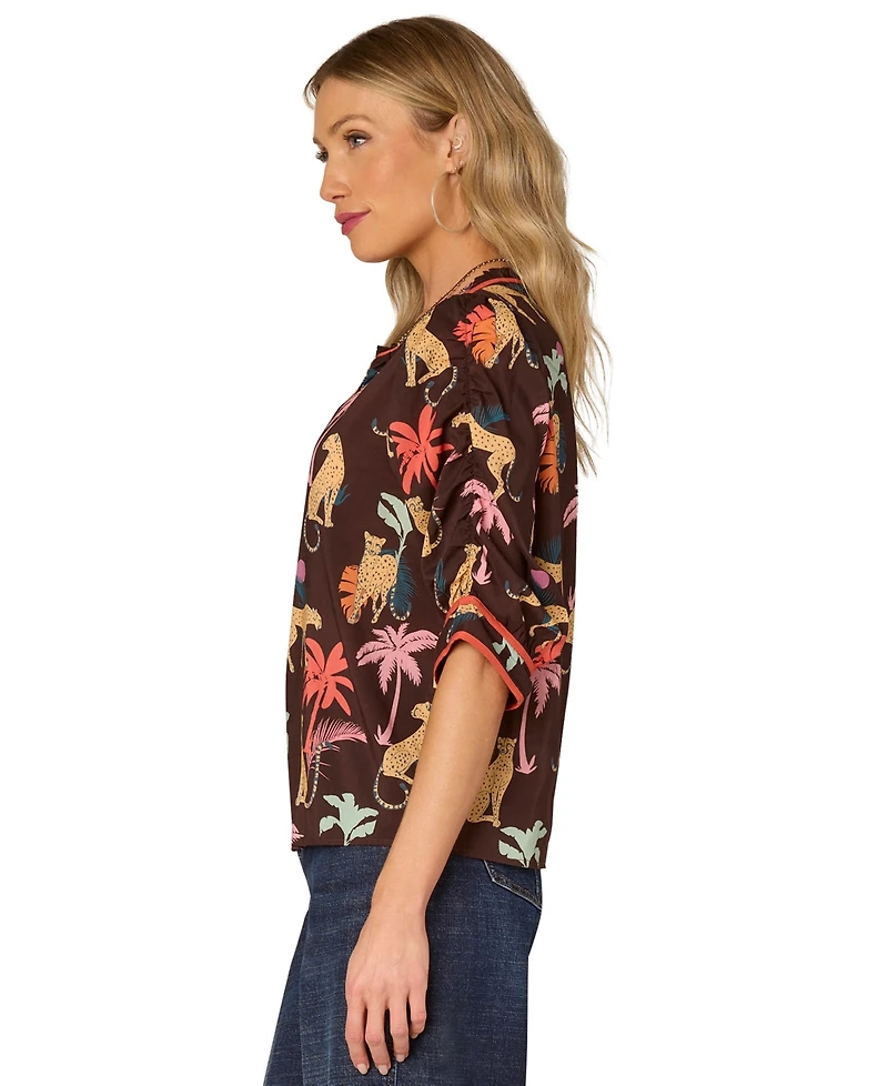 Democracy Petite Printed Split-Neck Ruched-Sleeve Top