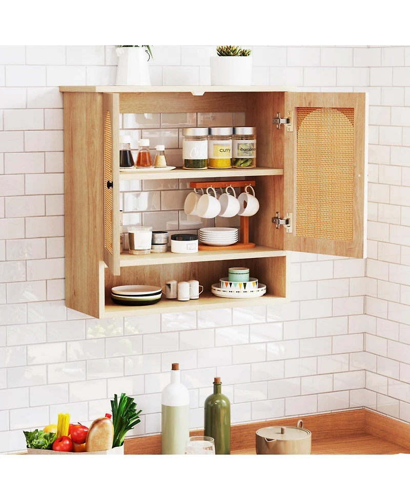 Slickblue Bathroom Wall Cabinet with Adjustable Shelves Open Cube and Rattan Doors